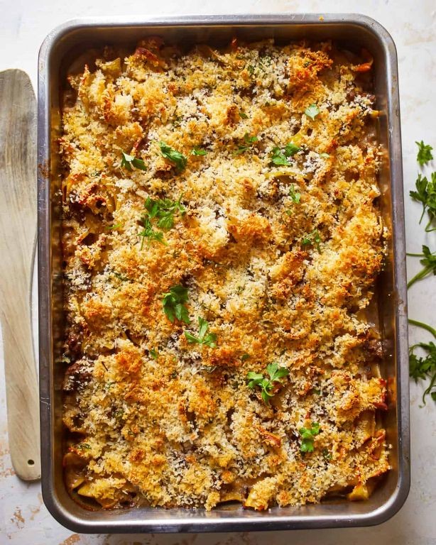 Beef Stroganoff Casserole with Buttery Breadcrumbs