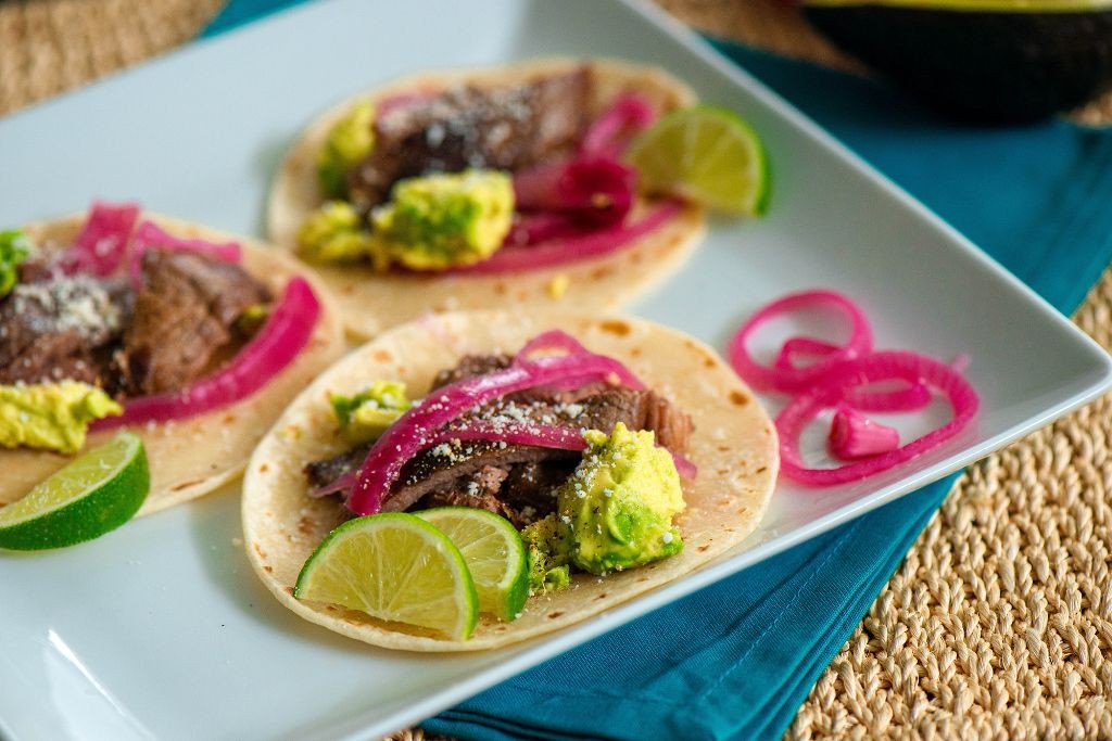 Beef Stroganoff Tacos with Pickled Onions