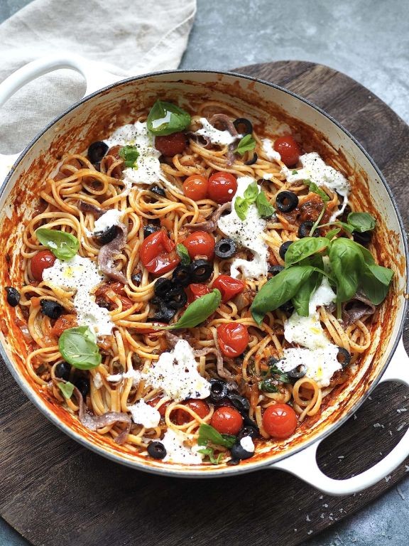 Burrata Pasta with Anchovies and Olives