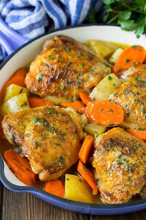 One-Pan Chicken Thighs with Potatoes and Carrots
