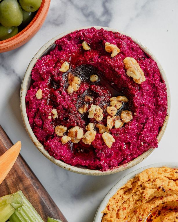 Pomegranate Beet Hummus with Toasted Walnuts